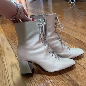 Zara Cream Lace-Up Block Heel Ankle Boots